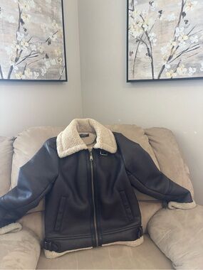 Ralph Lauren Brown Leather Jacket with Cream Sherpa Collar